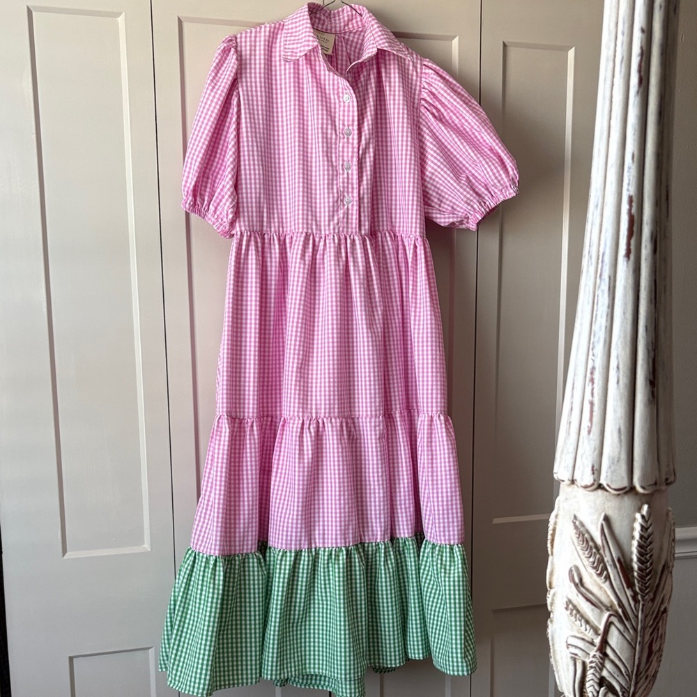 Pink & Green Gingham Tiered Midi Dress
